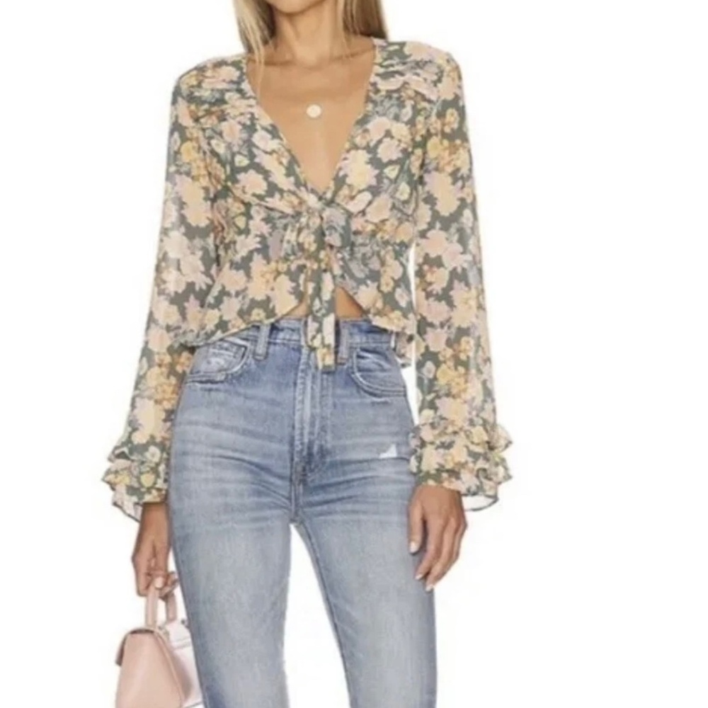 Free people‎ long sleeve tie closure chiffon cropped blouse size L